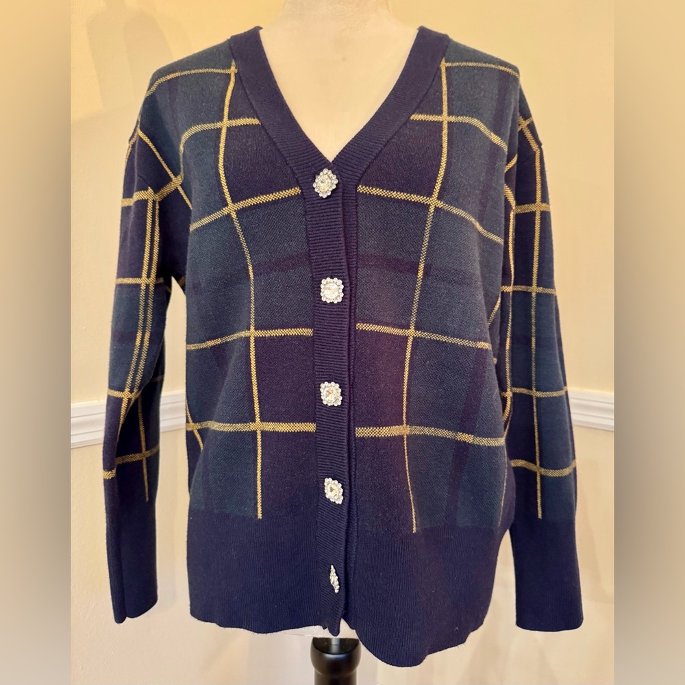 Tahari EUC Navy Windowpane Soft Cardigan w/ Rhinestone Buttons | Size S
